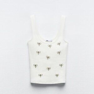 ZARA Jewel Rib White Tank, Size Small, Bow Details, Glimmer